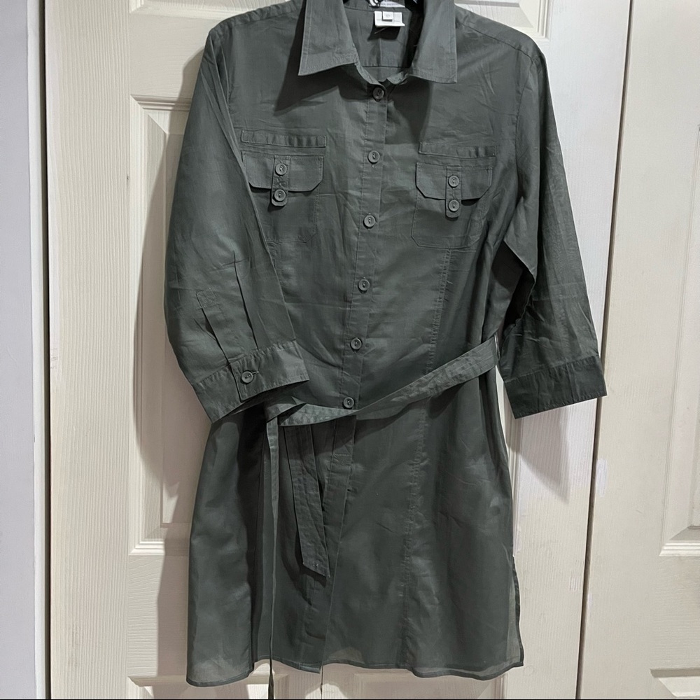 FDJ Belted Long Sleeve Light Olive Green Shirt Dress in Size 12